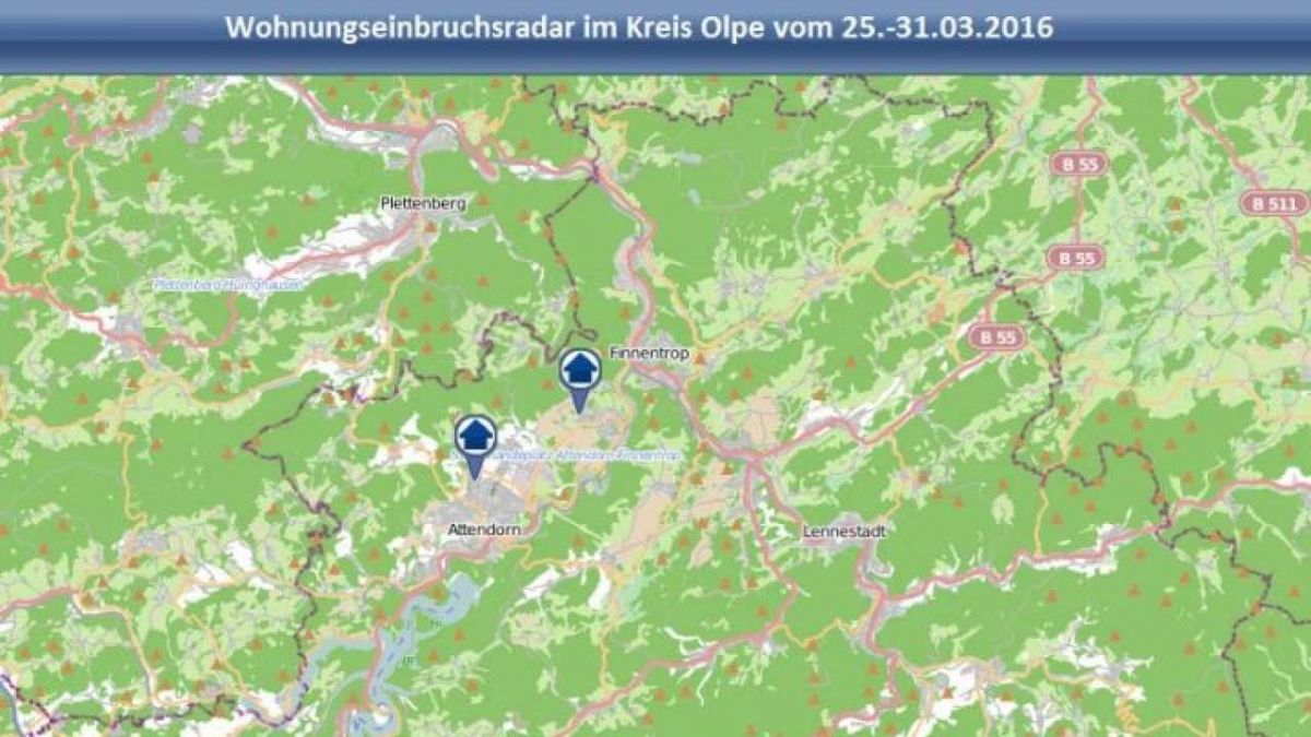 Wöchentlich sollen Tatorte auf der Karte aktualisiert werden. von Screenshot des Radars auf der Internetseite  der KPB Olpe.
