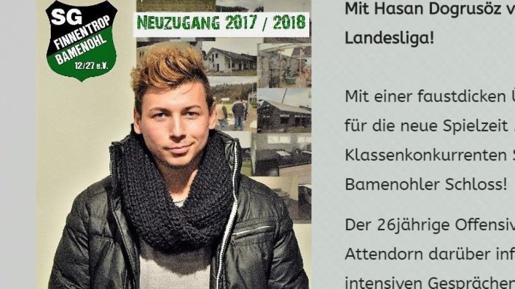 Hasan Dogrusöz trägt ab der kommenden Saison das Trikot der SG Finnentrop/Bamenohl. von Screenshot von der Homepage der SG Finnentrop/Bamenohl