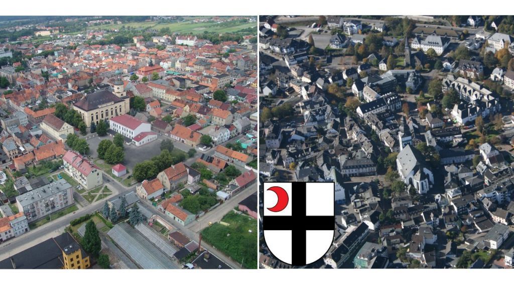 Eine von der Stadt Attendorn erstellte Collage zeigt eine Luftaufnahme der Städte Rawicz in Polen und Attendorn. von Stadt Attendorn
