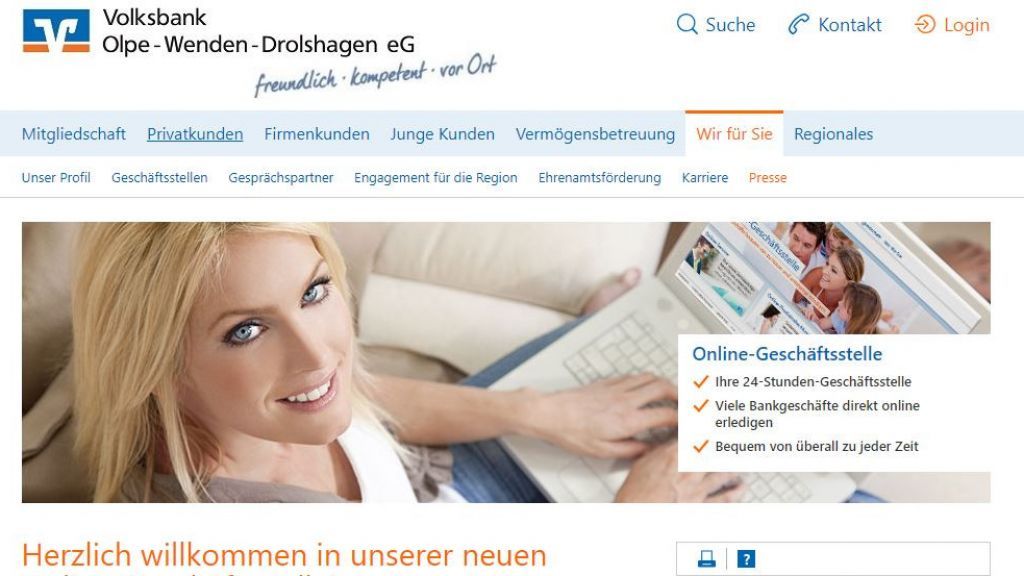 Die Volksbank Olpe-Wenden-Drolshagen eröffnet eine Online-Filiale. von Screenshot