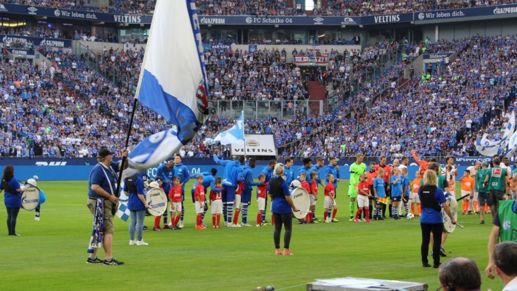 In roten Sponsoren-Shirts liefen die Nachwuchskicker des SSV Elspe mit den Schalker Profis auf den rasen und winkten im Stadion vor dem Anpfiff ins weite Rund. von privat