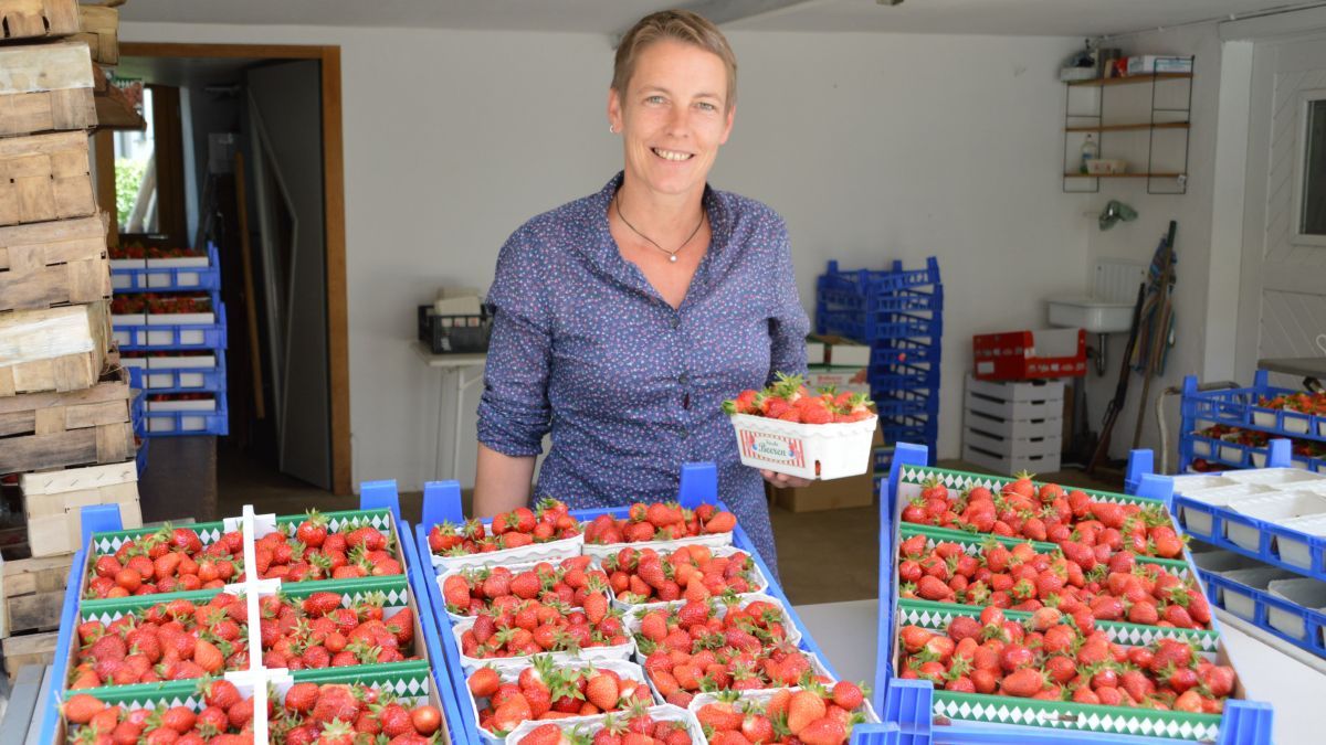 Eva Korte mit Erdbeeren aus der Region. von Barbara Sander-Graetz