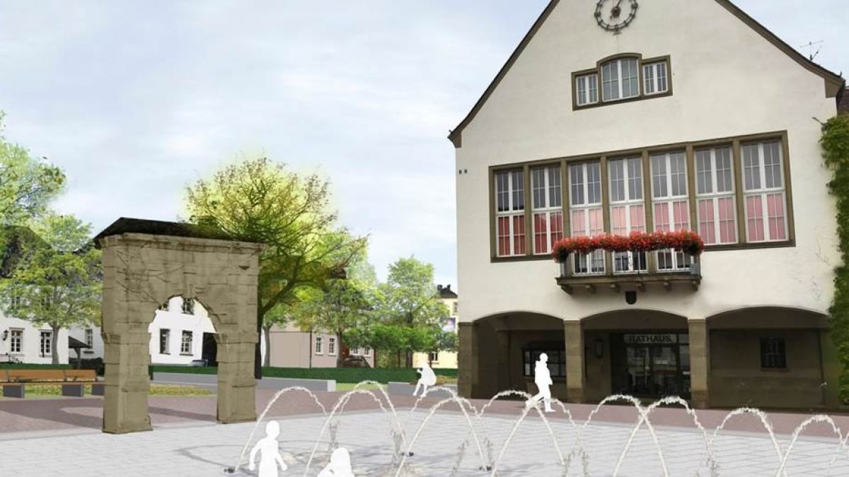 Visualisierung des Rathausvorplatzes: Der Rathausplatz soll insgesamt vom motorisierten Verkehr befreit und multifunktional ausgebaut werden. von © B.S.L. Landschaftsarchitekten, Soest.