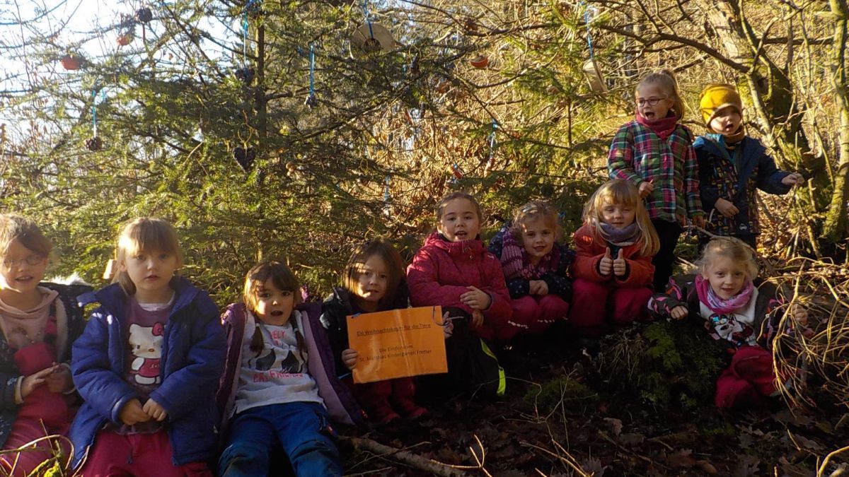 Die Kindergartenkinder aus Fretter schmückten zwei Bäume im Wald mit tierischen Leckereien. von privat