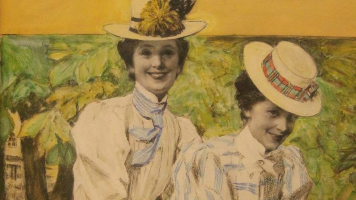 Paul Rieth: Zwei Mädchen auf dem Fahrrad, Entwurf für ein Titelbild der Zeitschrift Jugend 1899. Ein Werk aus der Sammlung Wulff, Lennestadt. von privat