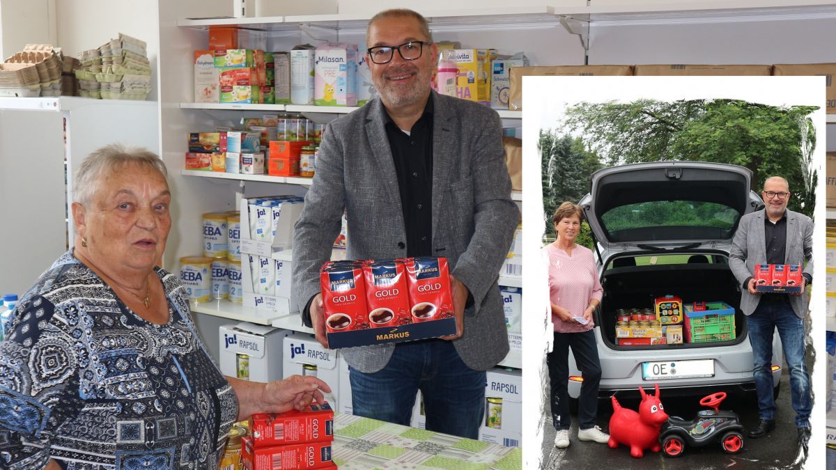 CDU-Bürgermeisterkandidat Achim Henkel übergibt die Lebensmittelspende der CDU Finnentrop an den Warenkorb. von CDU Finnentrop