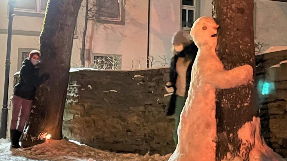 Als Zeichen des stillen Protests umklammert der Schneemann eine der stehengebliebenen Linden.  von privat