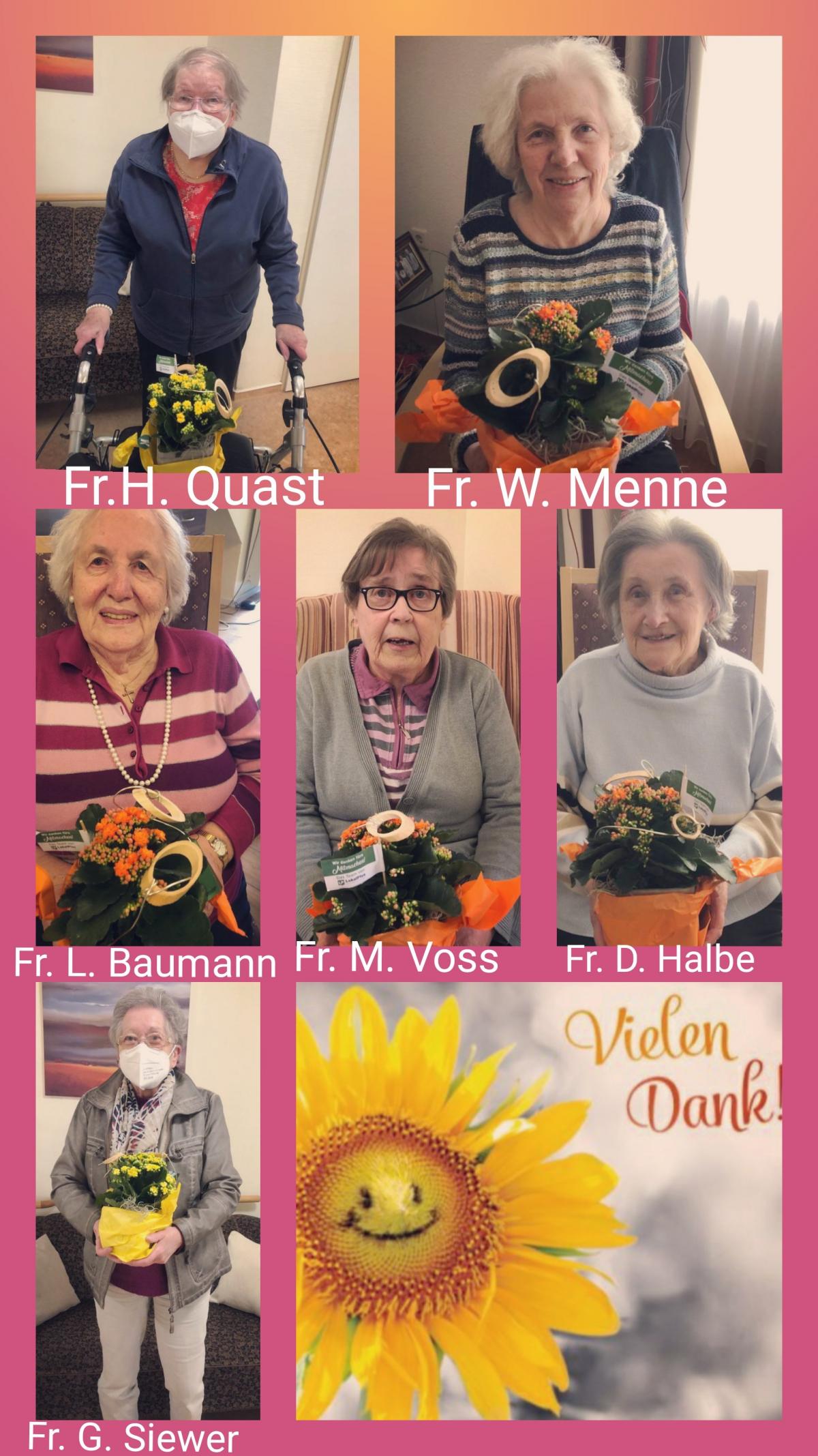 Die sechs Damen aus dem Haus Matthäus, die beim LokalPlus-Kostümwettbewerb mitgemacht hatten, freuten sich riesig über die Blumen des LokalPlus-Teams und schickten uns im Nachgang diese tolle Collage.  von privat