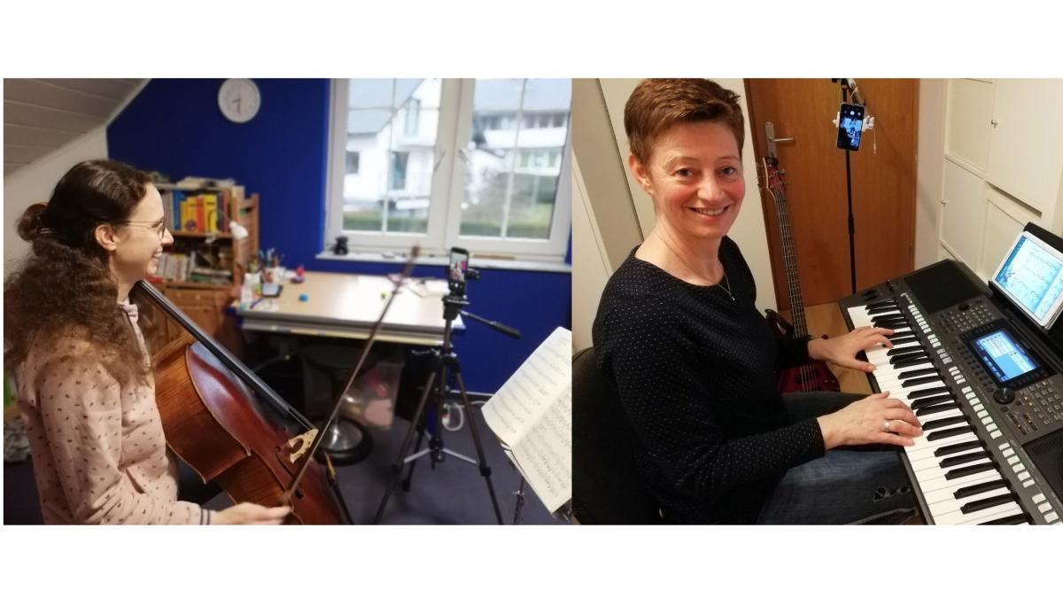 Mit Cello für Kinder und Keyboard für Kinder bietet die Musikschule der Hansestadt Attendorn zwei neue Kurse zum Kennenlernen an, die auch digital stattfinden können. Im Bild die beiden Musiklehrerinnen Julia Klees (links) und Martina Kamp. von privat