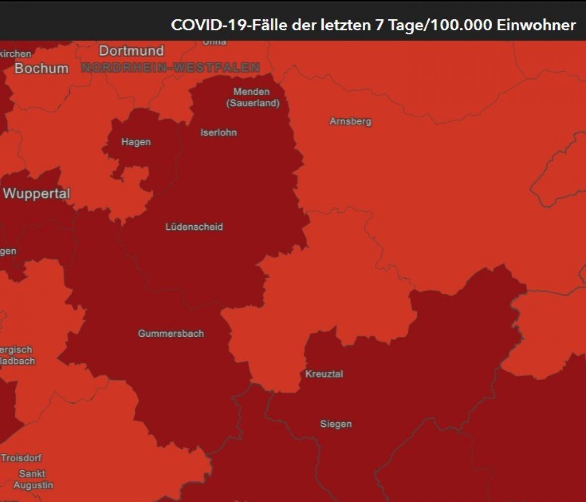 Viel rot in den Nachbarschaft zeigt die Karte des Robert-Koch-Instituts von Samstagmorgen, 20. März. von RKI