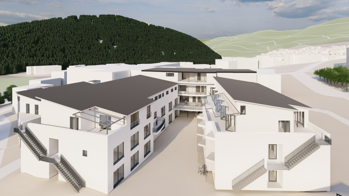 Die Pläne des Architekten zeigen das U-förmige Gebäude in Gesamtansicht, die obere Etage gehört jetzt dem Hospizverein: Rechts ist das jetzige Hospiz zu sehen, links der Flügel, der ab Juni umgebaut  und saniert wird. Vor Kopf ist der aufgestockte Verwaltungsbereich. von Architekturbüro Andreas Eickelmann