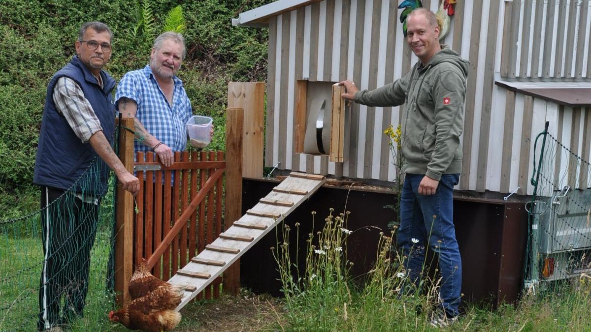 „Das Hühner-Projekt macht tierischen Spaß“, finden die beiden „Hühnerväter“ sowie Andreas Niklas (re.), der das Projekt im Herrnscheider Weg mit betreut. von privat
