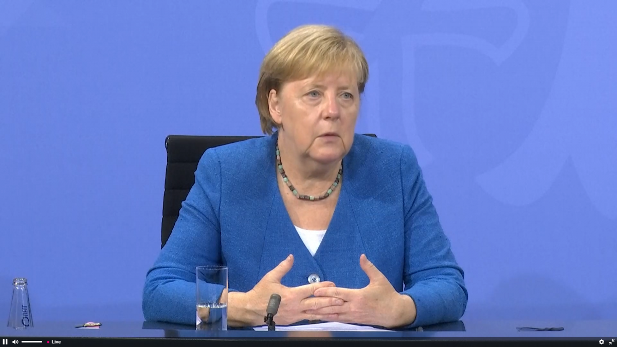 Angela Merkel warb nach dem Bund-Länder-Gipfel klar für das Impfen: Man müsse in Deutschland über die 70 Prozent kommen, eher Richtung 80 Prozent. von Screenshot: Kerstin Sauer
