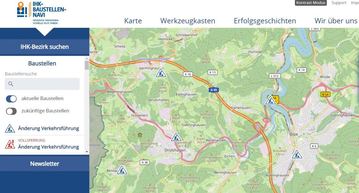 Der Screenshot zeigt das Portal mit dem gewählten Kartenausschnitt für den Raum Olpe/Drolshagen. von IHK Siegen