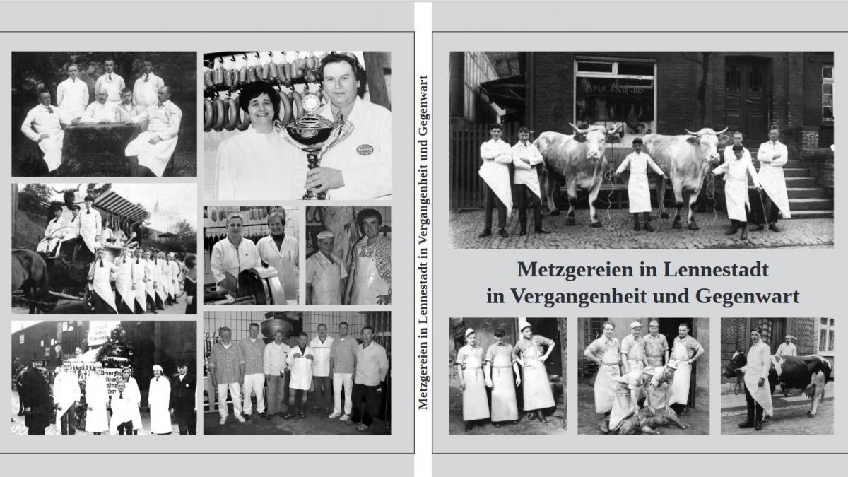 Der Bucheinband zeigt u.a. Inhaber und Belegschaft der Metzgerei Neuhaus in Altenhundem mit Fahrochsen. von privat