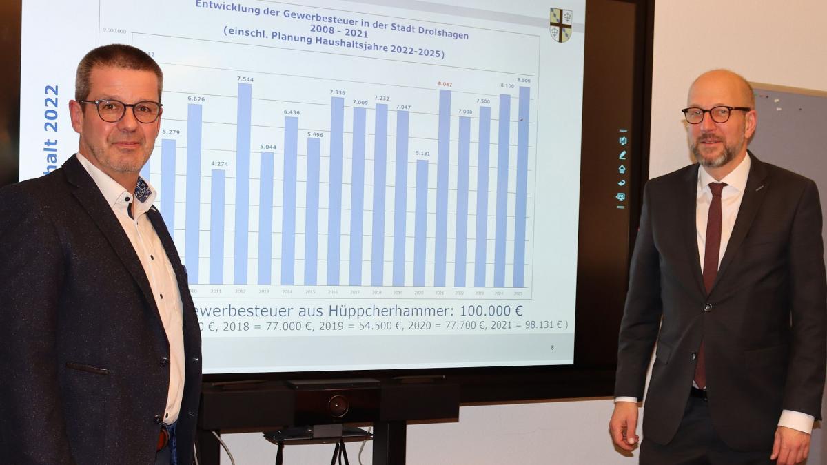 Sehen Drolshagen finanziell gut aufgestellt: Bürgermeister Ulrich Berghof (r.) und Kämmerer Rainer Lange. Auch für die kommenden Jahre erwartet der Kämmerer eine positive Entwicklung beim Gewerbesteueraufkommen. von Rüdiger Kahlke