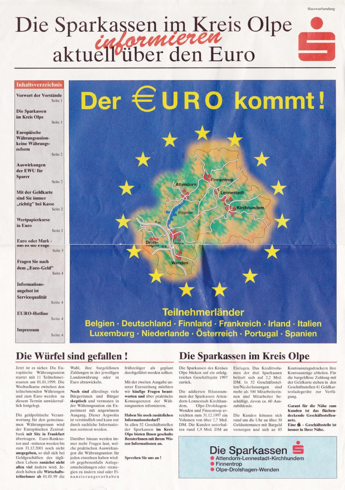 Mit einer eigenen Kundenzeitung informierten die Sparkassen im Kreis über die Währungsumstellung vor 20 Jahren. von SPK Olpe/M. Feldmann