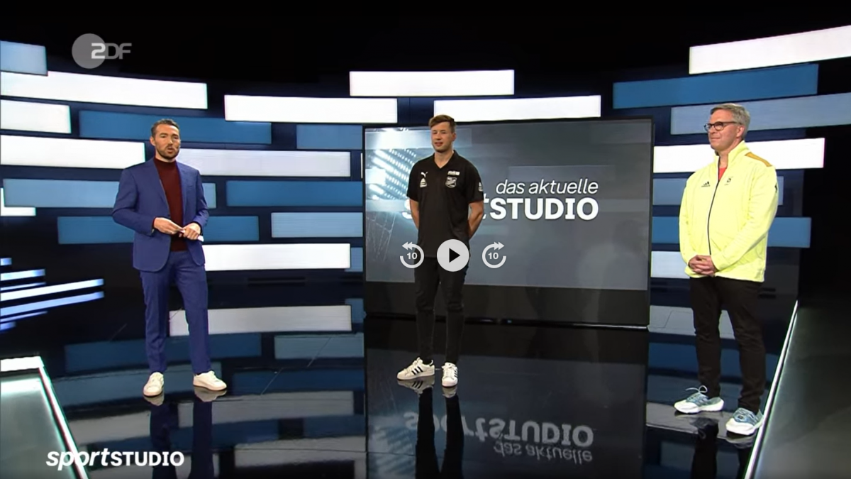 Moderator Sven Voss (links) begrüßte SG-Spieler Jerome König und DOSB-Vorstand Dirk Schimmelpfennig in der Sendung „Das aktuelle Sportstudio“. von Screenshot ZDF Mediaplayer