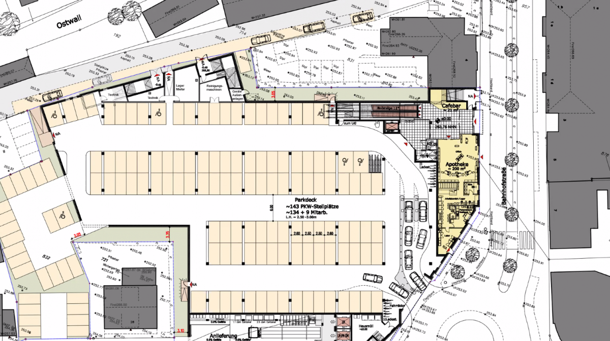 143 Parkplätze wird es im Wall-Center. 26 davon (im Bild links angeordnet) sind unter freiem Himmel geplant. von Screenshot Präsentation/Arnd Gatermann (ITG)