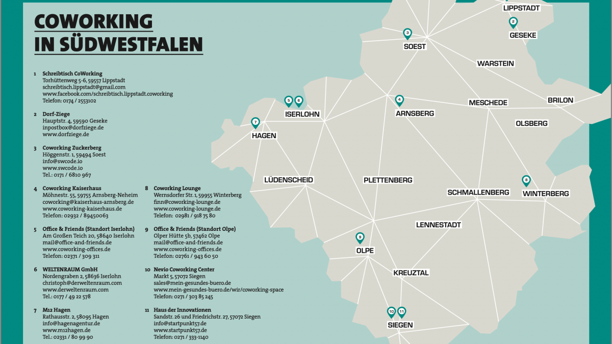 Die Karte zeigt alle Coworking-Space Standorte in Südwestfalen. von Unternehmensverlag Südwestfalen GmbH