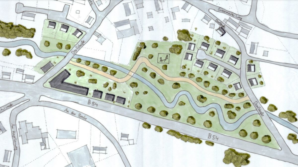 Eine Ideenskizze der Verwaltung: So könnte das ThyssenKrupp-Gelände in Lütringhausen umgestaltet werden. von Stadt Olpe