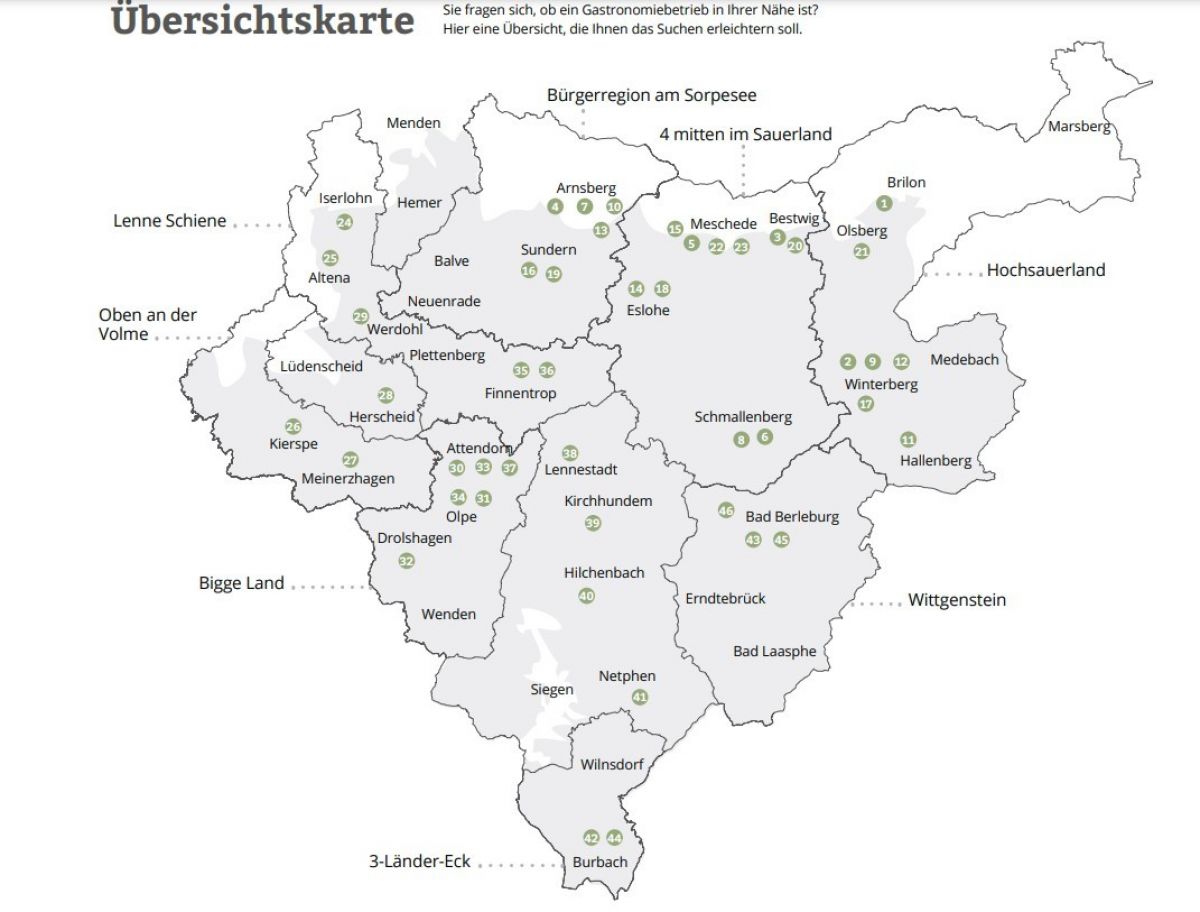 Die Übersichtskarte zeigt, welche Gastronomiebetriebe mit Rezepten im Kochbuch vertreten sind. von Naturpark Sauerland Rothaargebirge