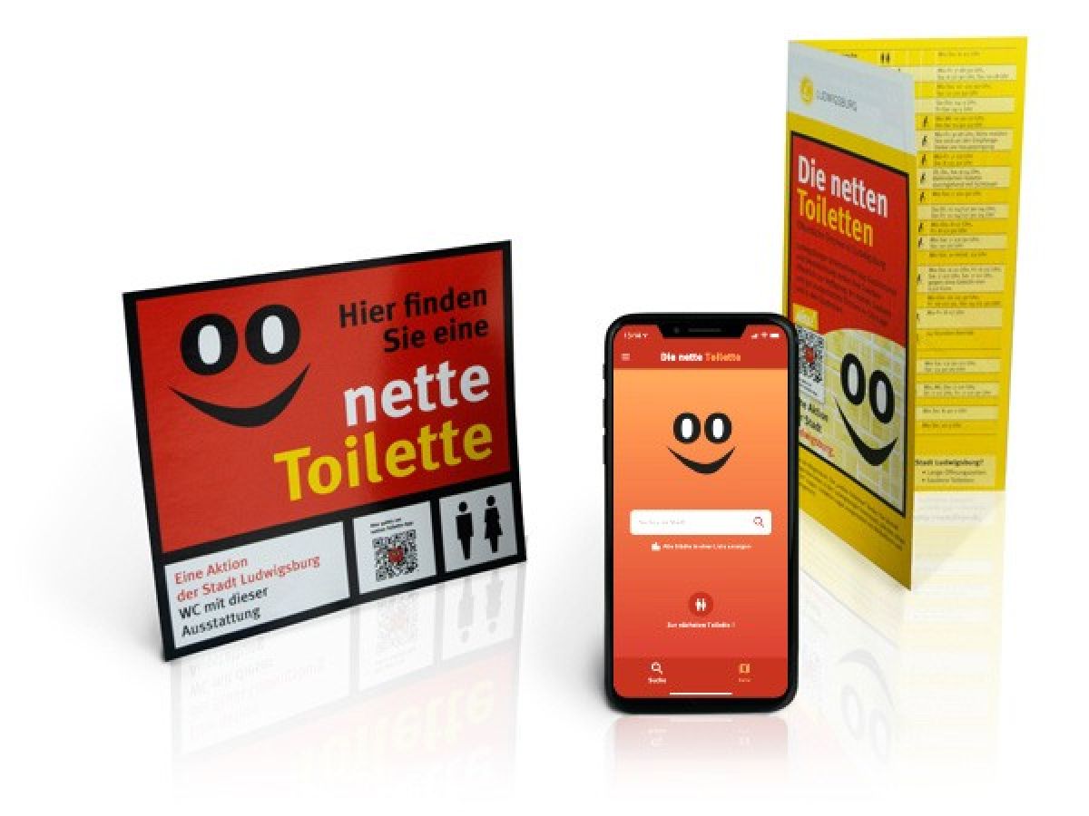 Schilder kennzeichnen die „netten Toiletten“. Und mit der App kann man das nächstgelegenene WC finden. von www.die-nette-toilette.de/