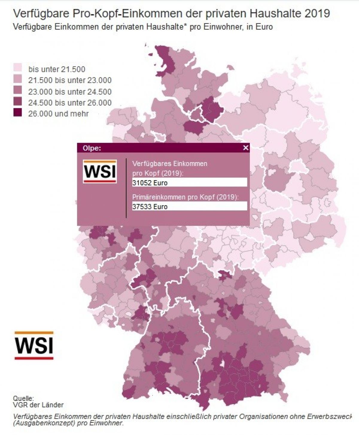 Die Karte des WSI zeigt das verfügbare Durchschnittseinkommen den den deutschen Kreisen und kreisfreien Städten. von WSI/Screenshot: R. Kahlke