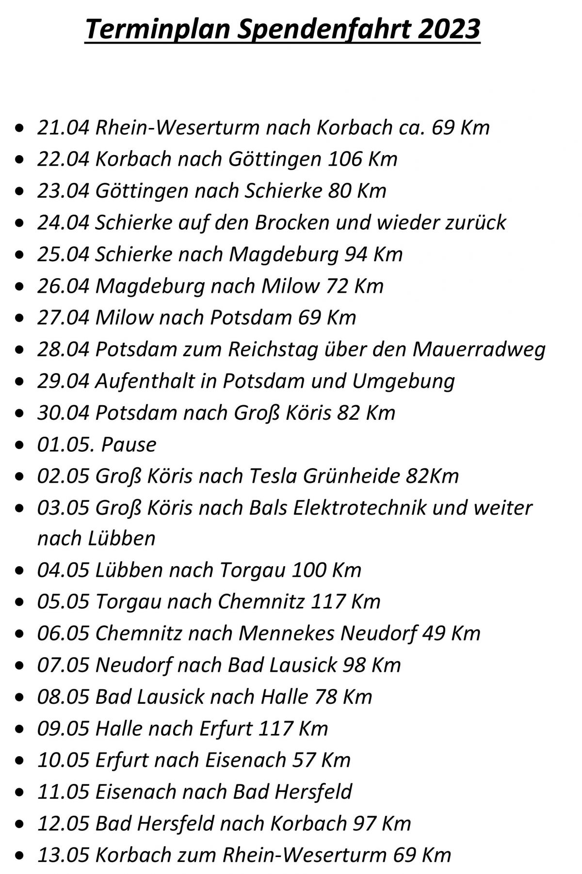 Terminplan Spendenfahrt von Mario Löcker von privat