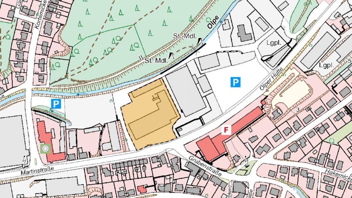 Das städtische Grundstück auf der Olper Hütte (ockerfarbig markiert) soll mit Wohnhäusern bebaut werden. von Geoportal Kreis Olpe
