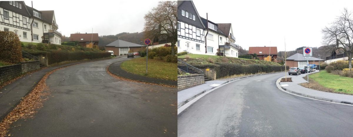 Die Franz-Hitze-Straße vor (links) und nach der Erneuerung (rechts). von Kreisstadt Olpe