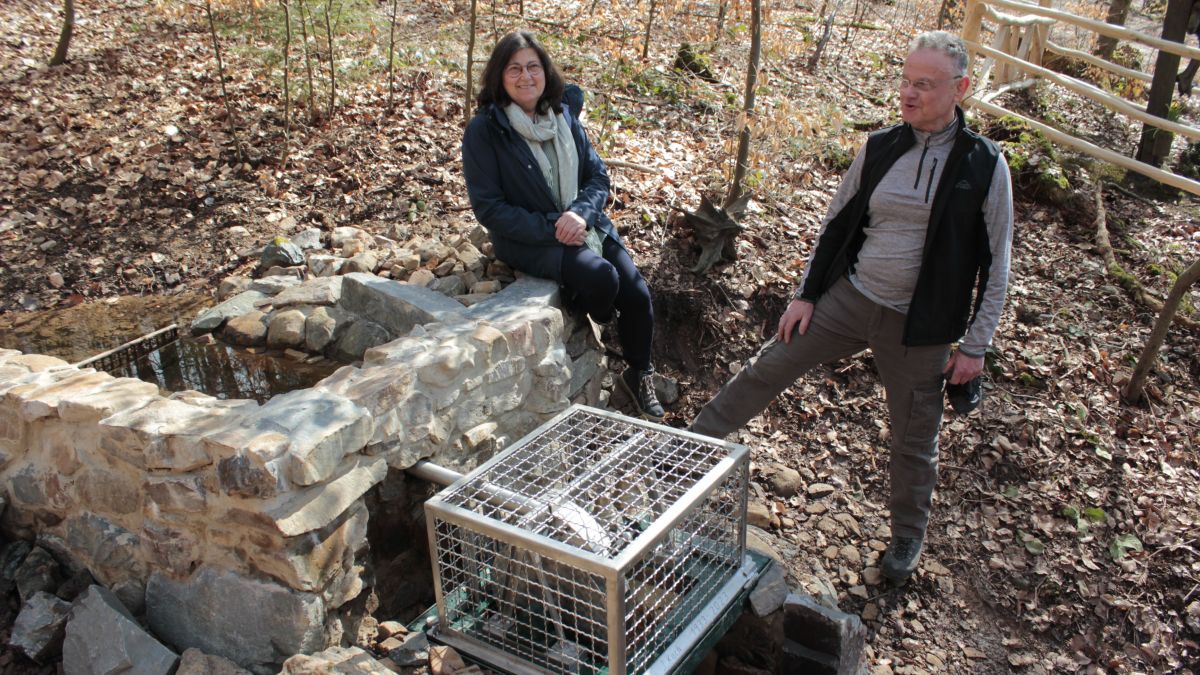 Heinz Koch hat das neue Geläut aus Edelstahl hergestellt, Martina Koch hat die Mauer zur Einfassung des Quellwassers gesetzt. von Wolfgang Schneider