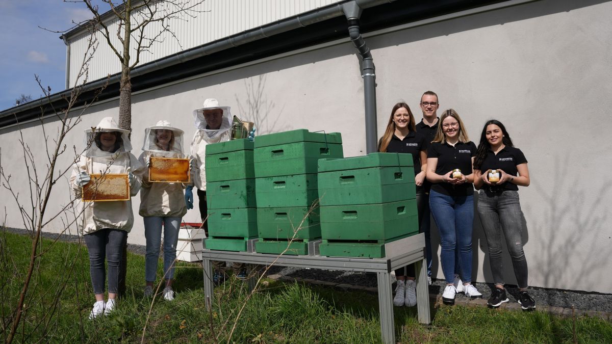 Ein Mitarbeiter und neun Azubis kümmern sich bei Mennekes um die eigenen Bienenvölker. von Mennekes