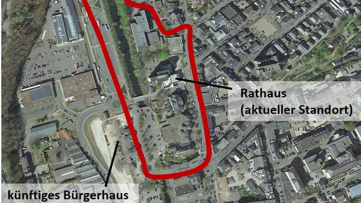 Das zu gestaltende Wettbewerbsgebiet befindet sich innerhalb der roten Umrandung. von Kreisstadt Olpe