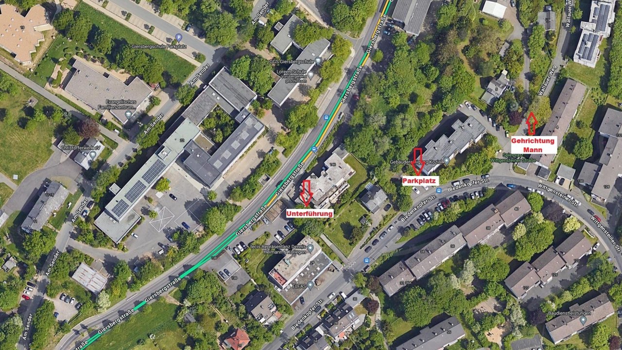 Ein unbekannter Mann soll eine 10-Jährige auf dem Schulweg festgehalten haben. Darstellung der Örtlichkeit: von Polizei Siegen