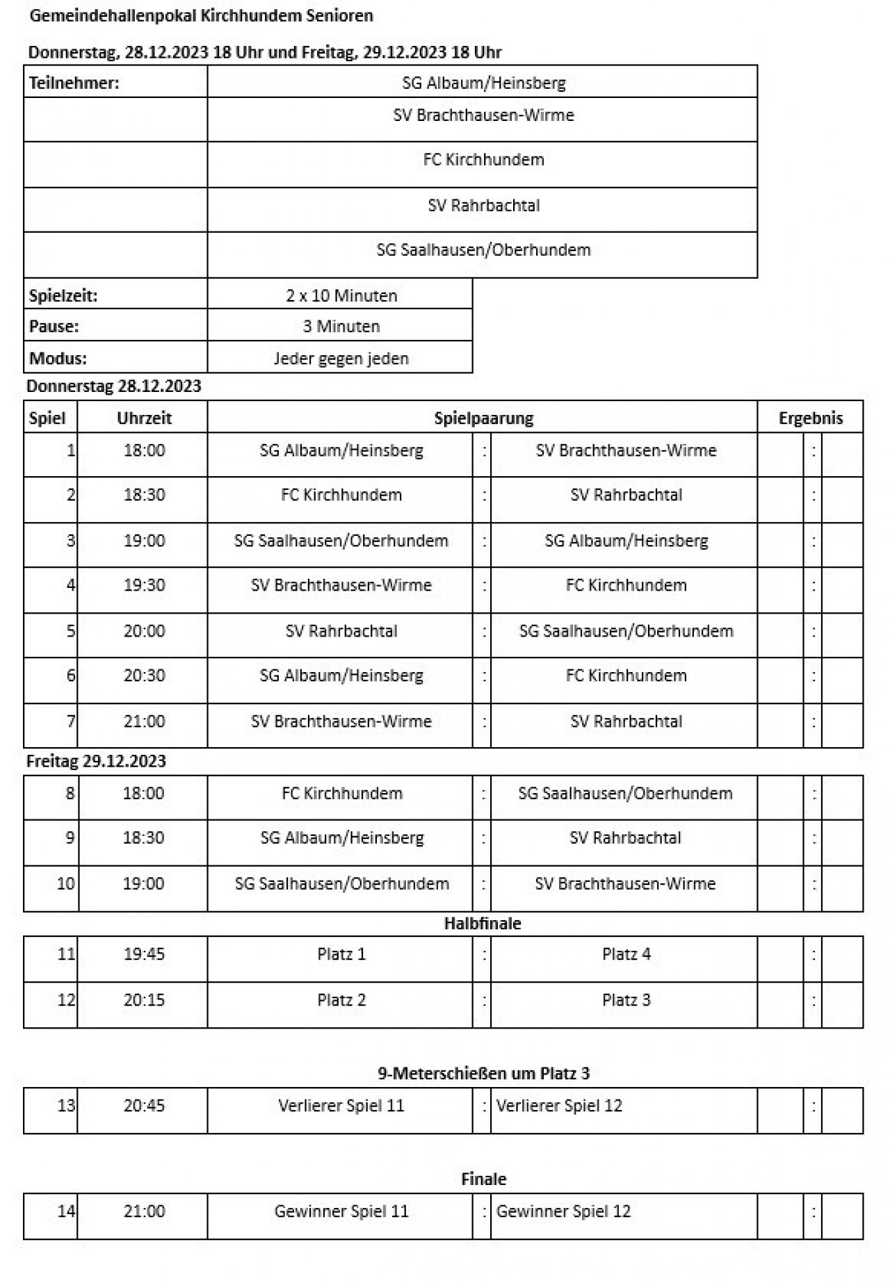 Spielplan des Gemeindehallenpokals Kirchhundem. von privat