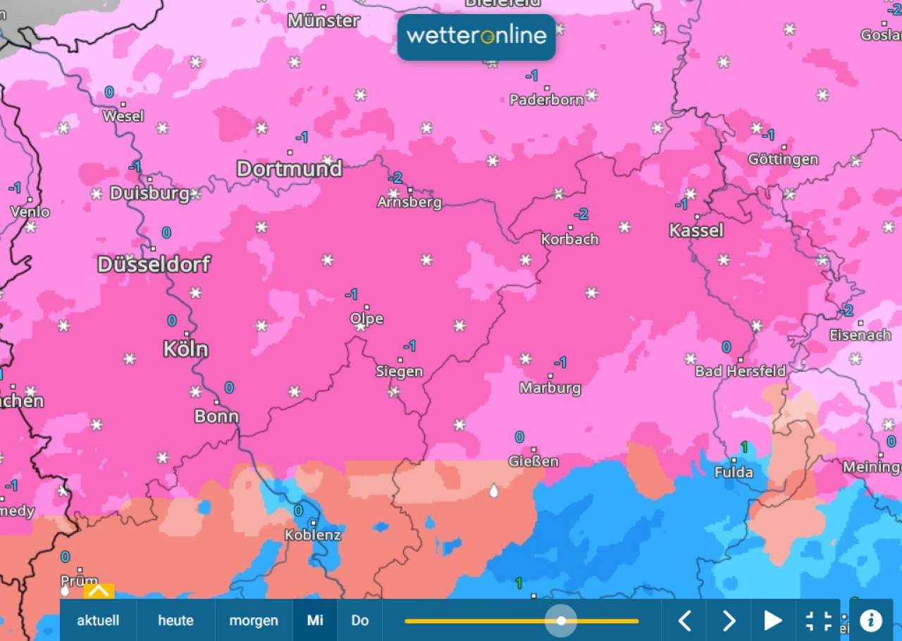 So sagt das Portal WetterOnline das Wetter für Mittwochnachmittag voraus. Rosa steht für Schnee, ocker für Glatteisregen und blau für Regen. von WetterOnline