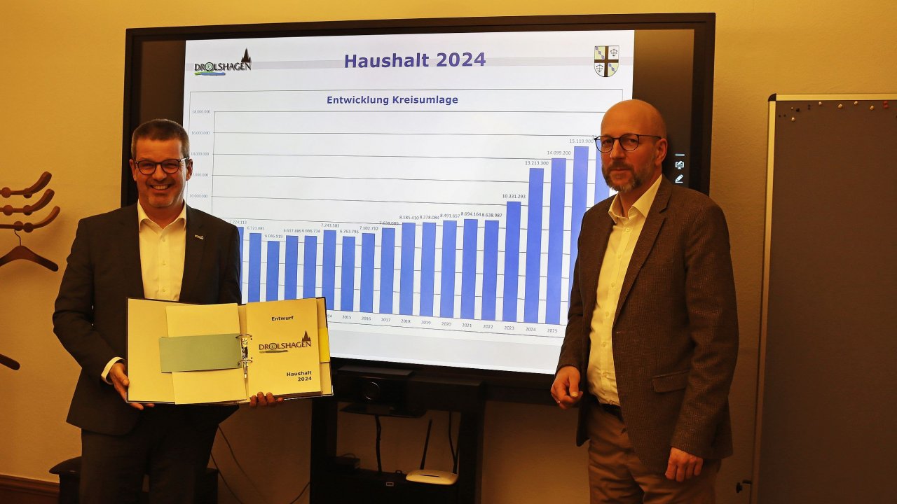 Kämmerer Rainer Lange (links) und Bürgermeister Ulrich Berghof (rechts) stellten im Rathaus den Entwurf des Haushalts 2024 vor, der drastische Einschnitte zur Folge hat. von Rüdiger Kahlke