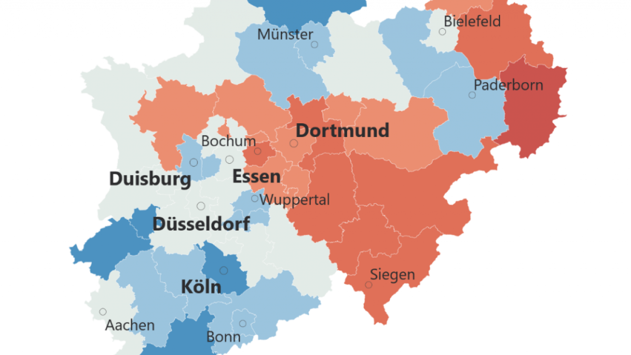 Bevölkerungsentwicklung in NRW: Rot bedeutet schrumpfende, blau signalisiert steigende Zahlen. von Bertelsmann-Stiftung