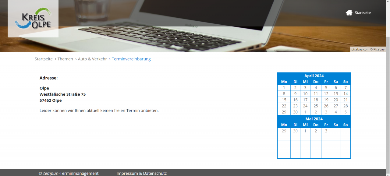 Das Buchungsportal für Termine bei der Zulassungsstelle des Kreises Olpe - Screenshot vom 19.4.2024. von Kreis Olpe