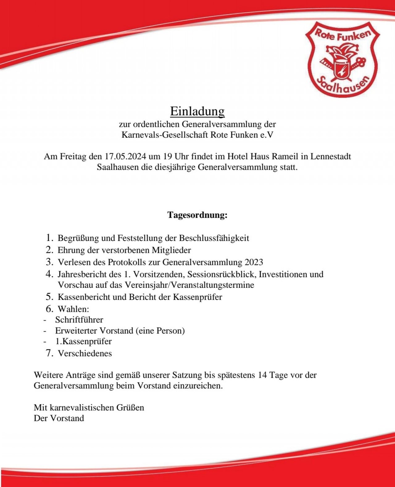 Die Tagesordnung zur Versammlung der Roten Funken Saalhausen. von privat