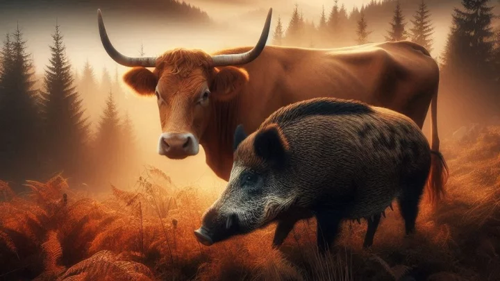 Ein Rind und ein Wildschwein im Größenvergleich (KI-generiert).