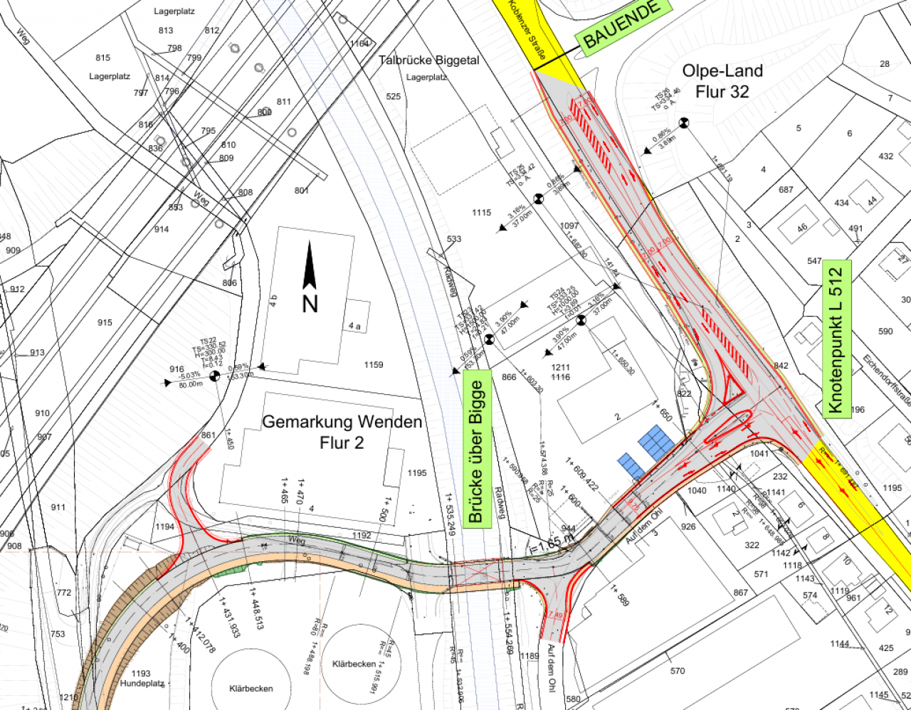 Auch der Knotenpunkt Koblenzer Straße (L512) / Auf dem Ohl und eine Brücke über die Bigge müssen bei der Planung unter die Lupe genommen werden. von Gemeinde Wenden
