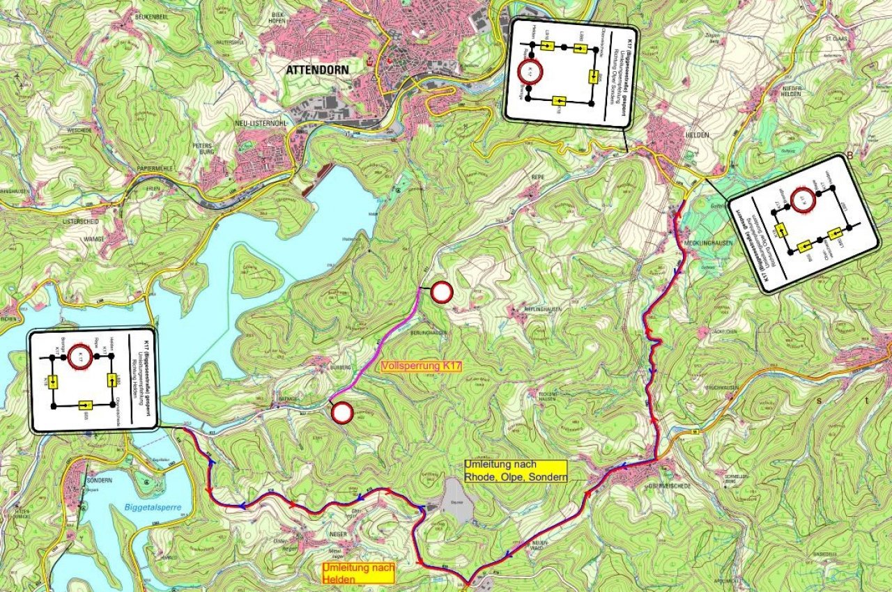 Die Karte zeigt, auf welchem Streckenabschnitt gebaut wird und welche Umleitungsstrecken eingerichtet sind. von Kreis Olpe