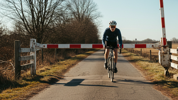 Ein Radfahrer vor einer Schranke (mit KI generiert).