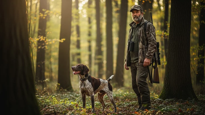 Ein Jäger mit seinem Jagdhund im Wald (Foto KI-generiert).