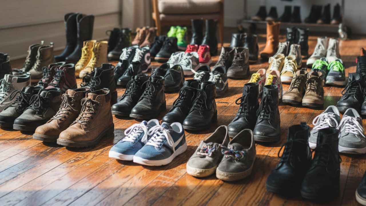 Symbolfoto: Viele Paar Schuhe stehen in einem Zimmer (KI-generiert). von Google Gemini - mit KI erstellt