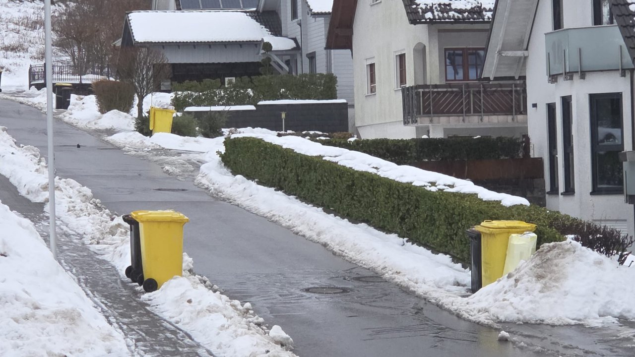 Gelbe und braune Tonnen am Straßenrand in Saßmicke. von Wolfgang Schneider