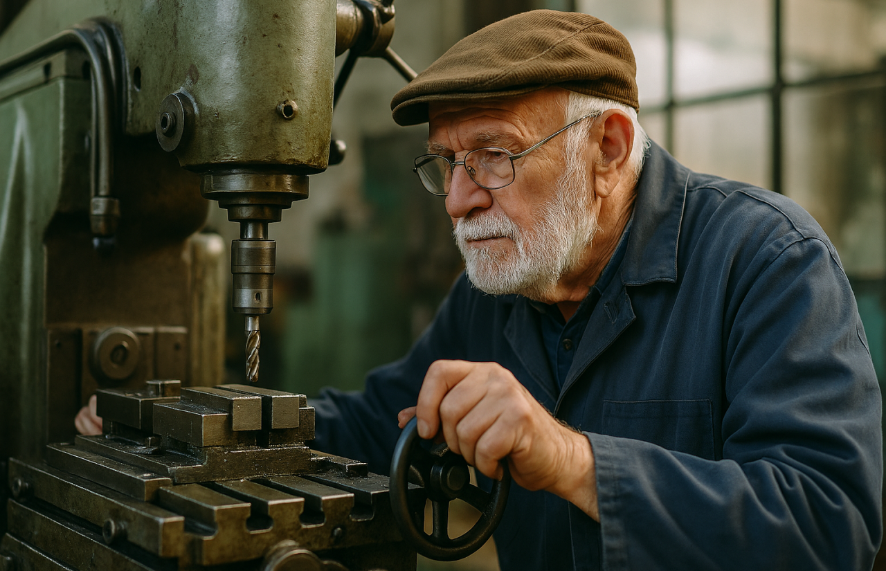 Ein älterer Mann arbeitet an einer Maschine (Symbolbild, KI-generiert). von Bing-Copilot - mit KI erstellt