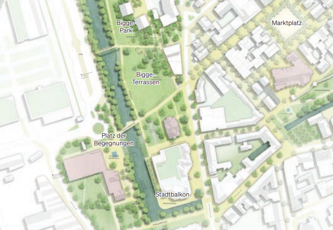 Die Planung für die Neugestaltung der Olper Innenstadt. Wo jetzt noch das Rathaus steht, sollen die Bigge-Terrassen angelegt werden. von Landschaftsarchitekturbüro club L94